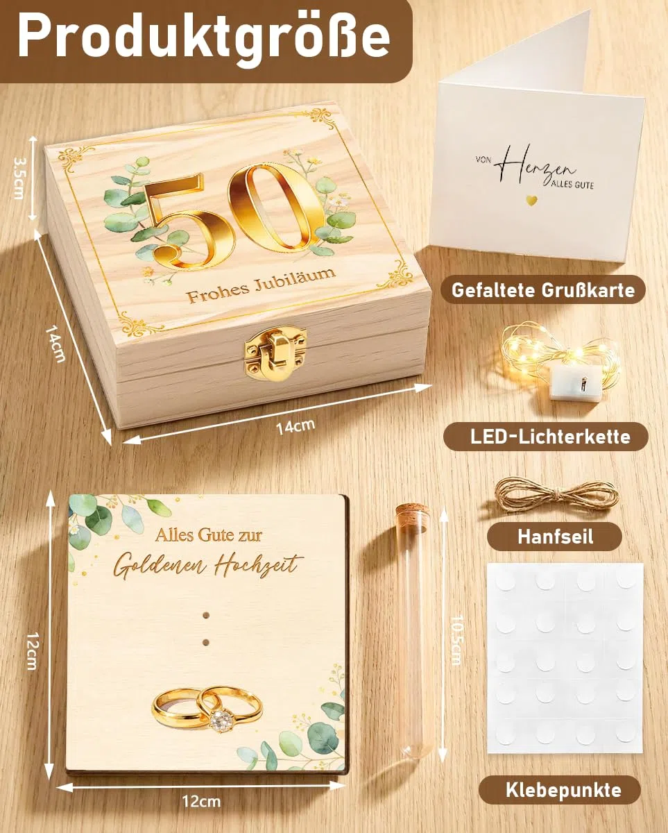 Goldene Hochzeit Geschenke, 50 Jahrestag Geschenk, Geldgeschenke Verpackung Goldene Hochzeit Geschenkbox Holz mit LED Lichterkette, Geschenke Eltern