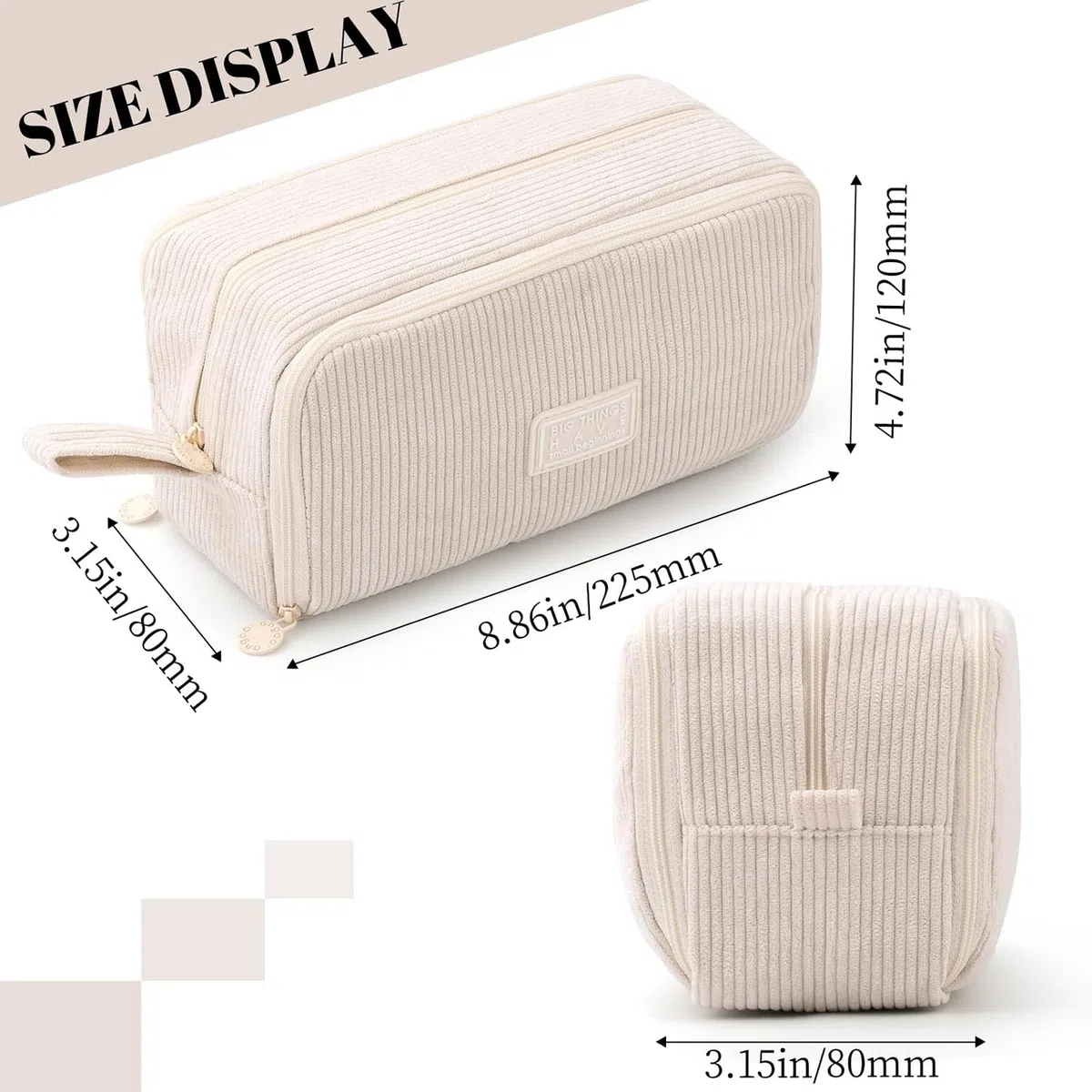 VICDUEKG Federmäppchen aus Cord-Stoff Federtaschen Mäppchen mit 3 Fächer Schulmäppchen Große Kapazität Stiftetasche Pencil Case für Schule & Büro (Beige)