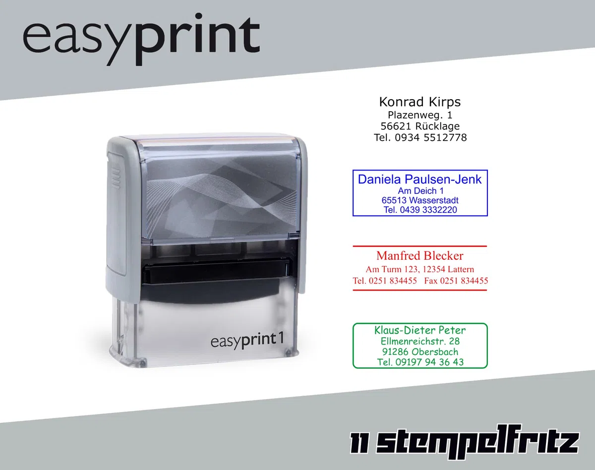 Selbstfärbender Stempel easyprint 1 grau – personalisierbarer Firmenstempel, Namensstempel, Adressstempel oder sonstiger Textstempel – Abdruck ca. 38x14 mm mit bis zu 4 Zeilen