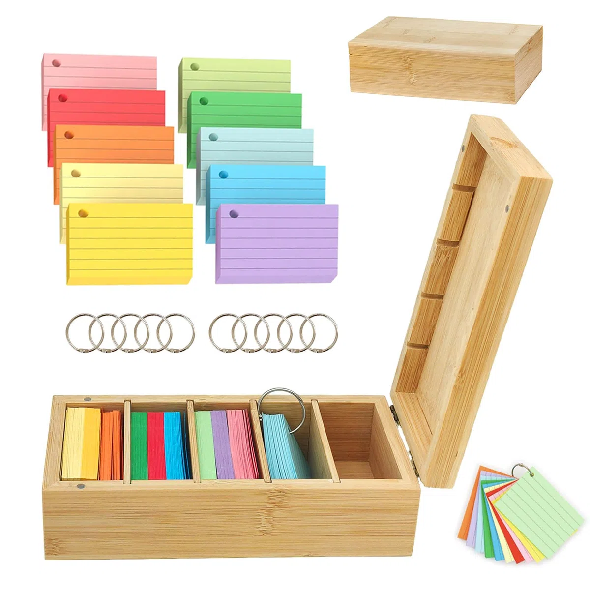A8 Karteikarten Box Holz, 22,4 x 10 x 7,5 cm Aarteikarten Box mit Klappdeckel, Verstellbar Karteikartenbox mit 500 Bunten Haftnotizen und 10 Binderinge, für Verwendung auf Schreibtischen
