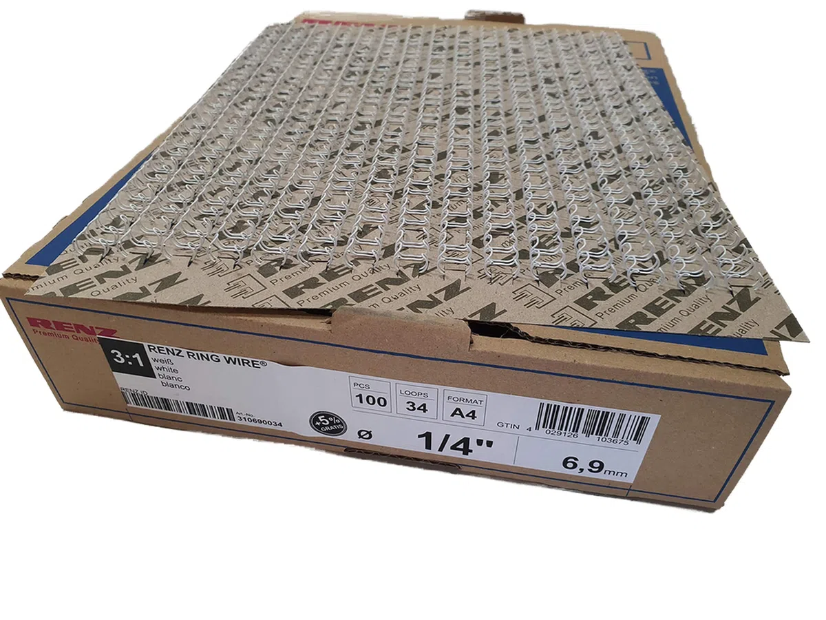 Renz Ring Wire Drahtkamm-Bindeelemente in 3:1 Teilung, 34 Schlaufen, Durchmesser 6.9 mm, 1/4 Zoll, weiß
