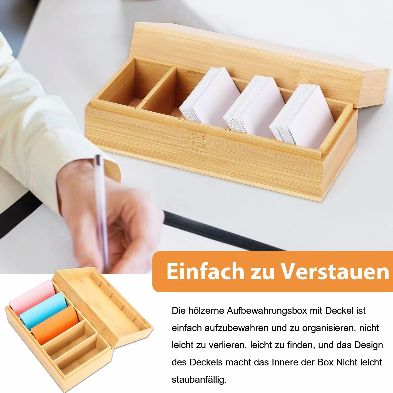 A7 Karteikarten Box Holz, 22x12,6x9cm Holzkarten Vokabelbox mit Deckel, Holzbox Card Storage Box mit 4 Herausnehmbar Trennwänden und 400 Stück Haftnotizen, Lernkarteibox Holz(Inklusive Index Cards)
