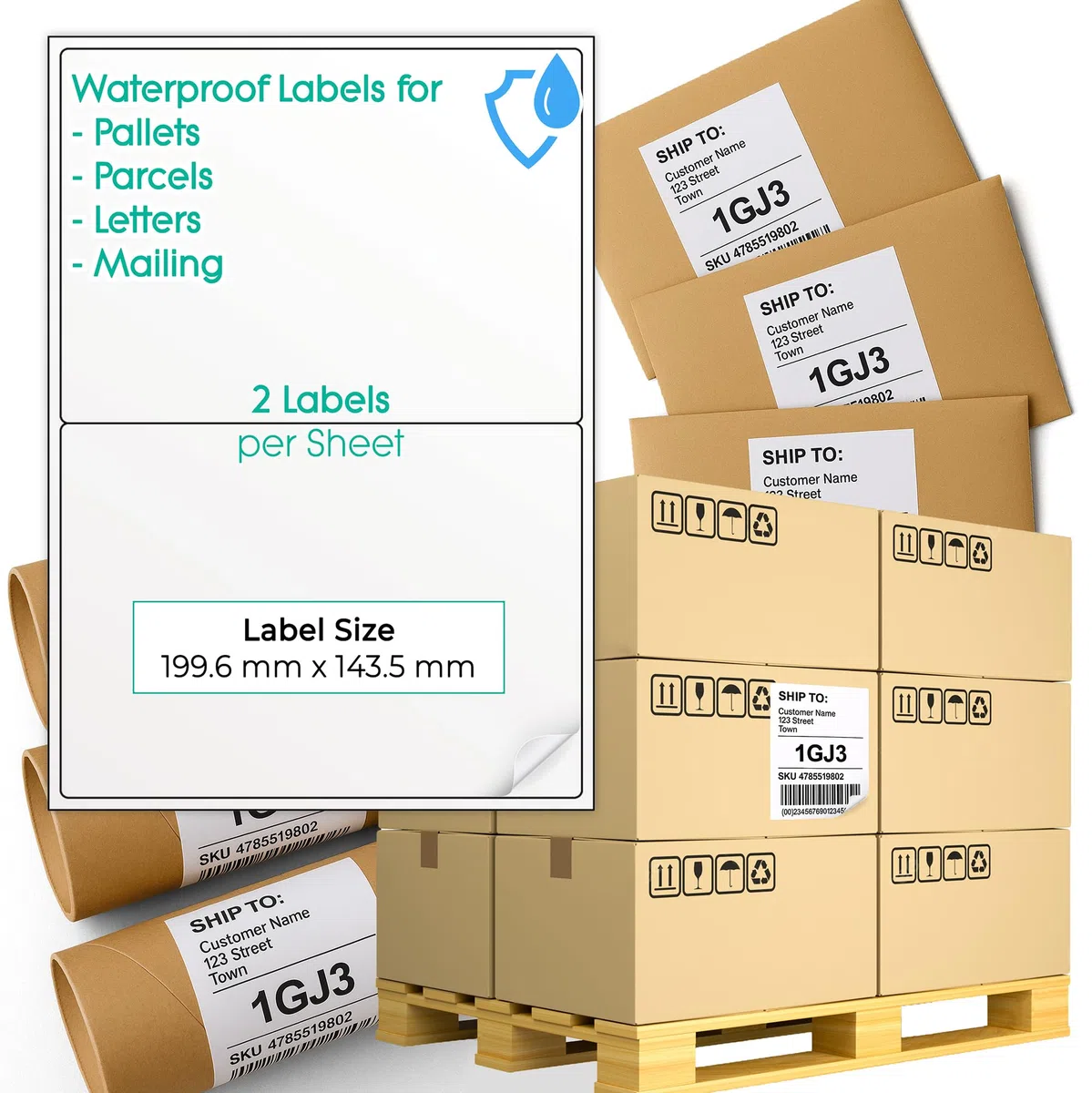 Palettenetiketten wasserfest A4 weiß, 500 Blatt, 1000 Etiketten, 1x2