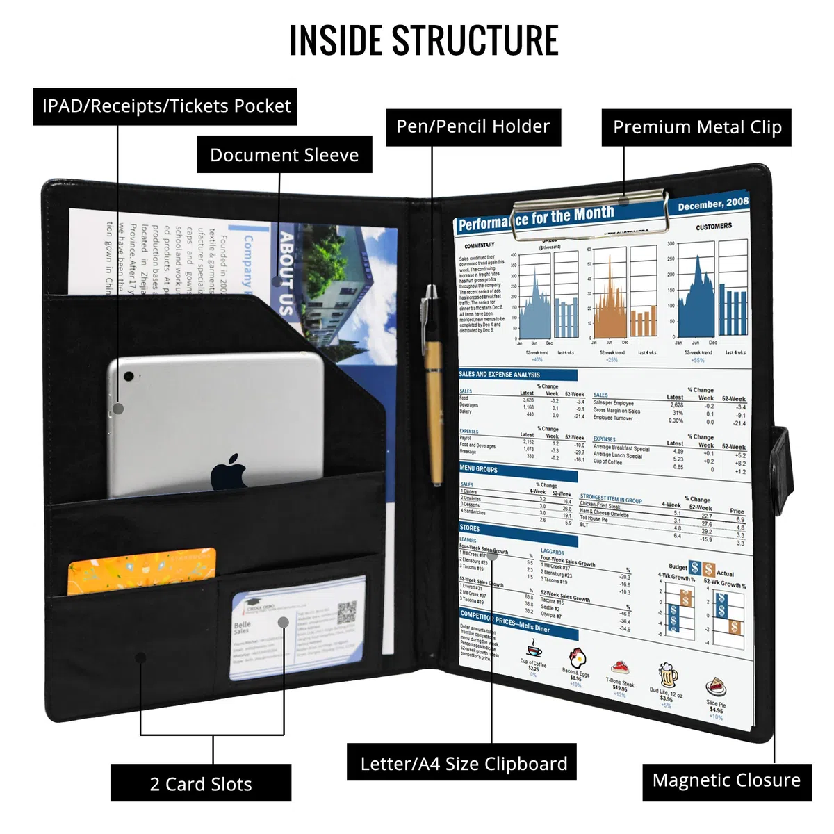 GraduatePro Schreibmappe A4 Klemmbrett Mappe mit Magnetischer Verschluss, organizer büro mappe, Schwarz Ordner, Dokumentenmappe für Unternehmen