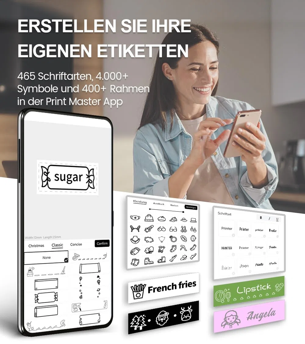 Phomemo P12 Etikettendrucker : Bluetooth Beschriftungsgerät Selbstklebend für Küche, Gewürzgläser, Vorratsdosen, Kleidung, Wasserfest, Haushaltsorganisation, Geschenk für Hausfrauen & Eltern