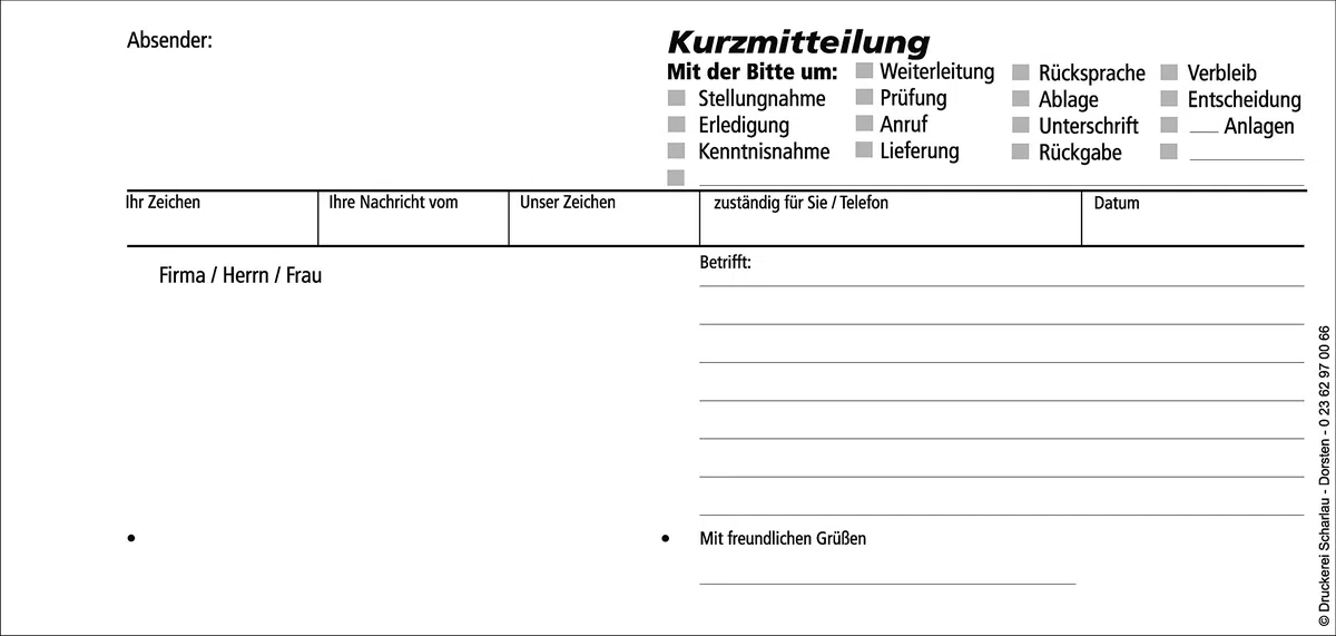 4x Block Kurzmitteilung - SD 2 x 50 Blatt, selbstdurchschreibend 10 x 21cm, gelocht - cb weiß 60 + cf grün 57cm (22610)