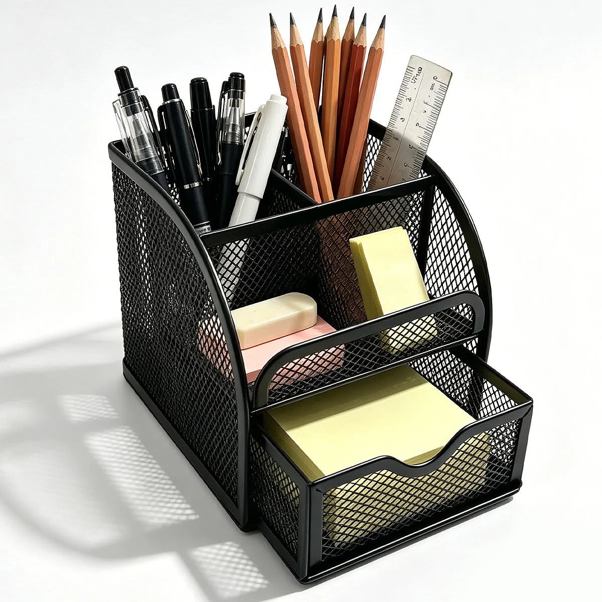 Schreibtisch Organizer Schreibtischorganizer Schwarz Stifte Tisch Organizer Metallgitter Stiftehalter mit 4 Fächern & Schublade stiftebox Mesh Metall Desktop für Büro Zubehör Zuhause Schule