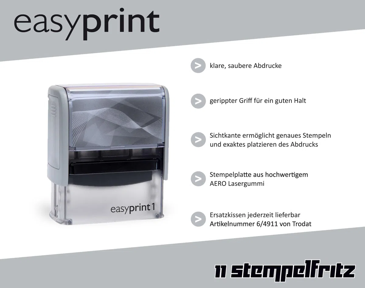 Selbstfärbender Stempel easyprint 1 grau – personalisierbarer Firmenstempel, Namensstempel, Adressstempel oder sonstiger Textstempel – Abdruck ca. 38x14 mm mit bis zu 4 Zeilen