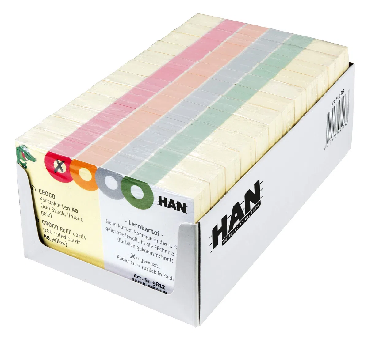 HAN Karteikarten CROCO – 10 PACKS à 100 STÜCK, Karteikarten A8 quer, farbig bedruckter, stabiler, gelber Karton mit vier bunten Kreisen zum Ankreuzen, Farbe gelb, 9812