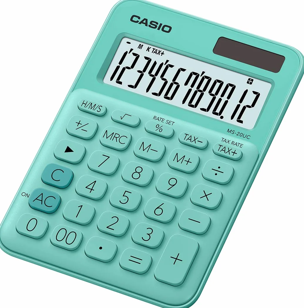 CASIO Tischrechner MS-20UC-GN, 12-stellig, in Trendfarben, Steuerberechnung, Zeitumrechnung, Solar-/Batteriebetrieb, Grün