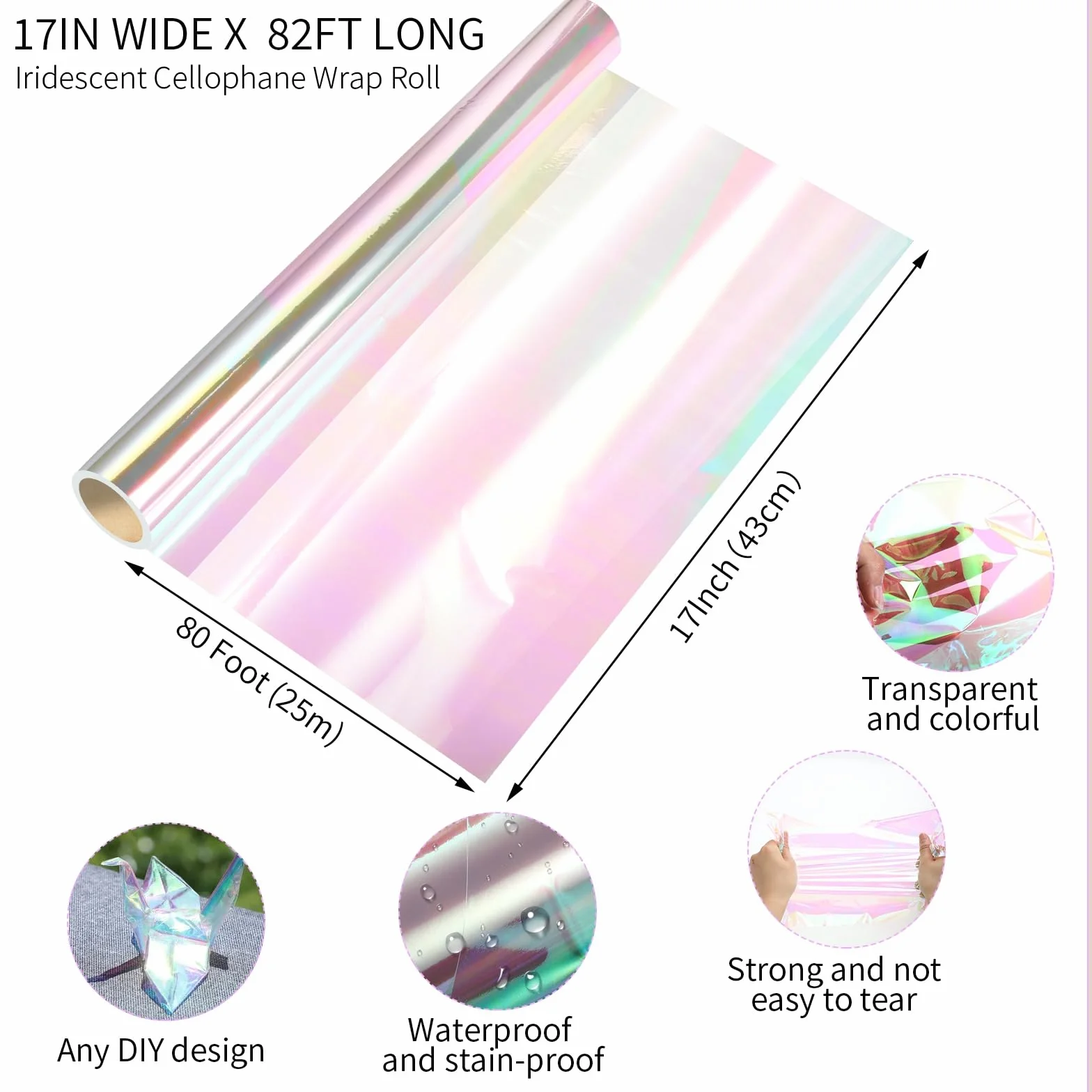 woric Irisierende Folie, 43cmx25m Regenbogen Cellophan Rolle Geschenkfolie Farbig Blumenfolie Verpackungsfolie für Geschenke Blumenstrauß Geschenkkorb Geburtstag Hochzeit Muttertag Party