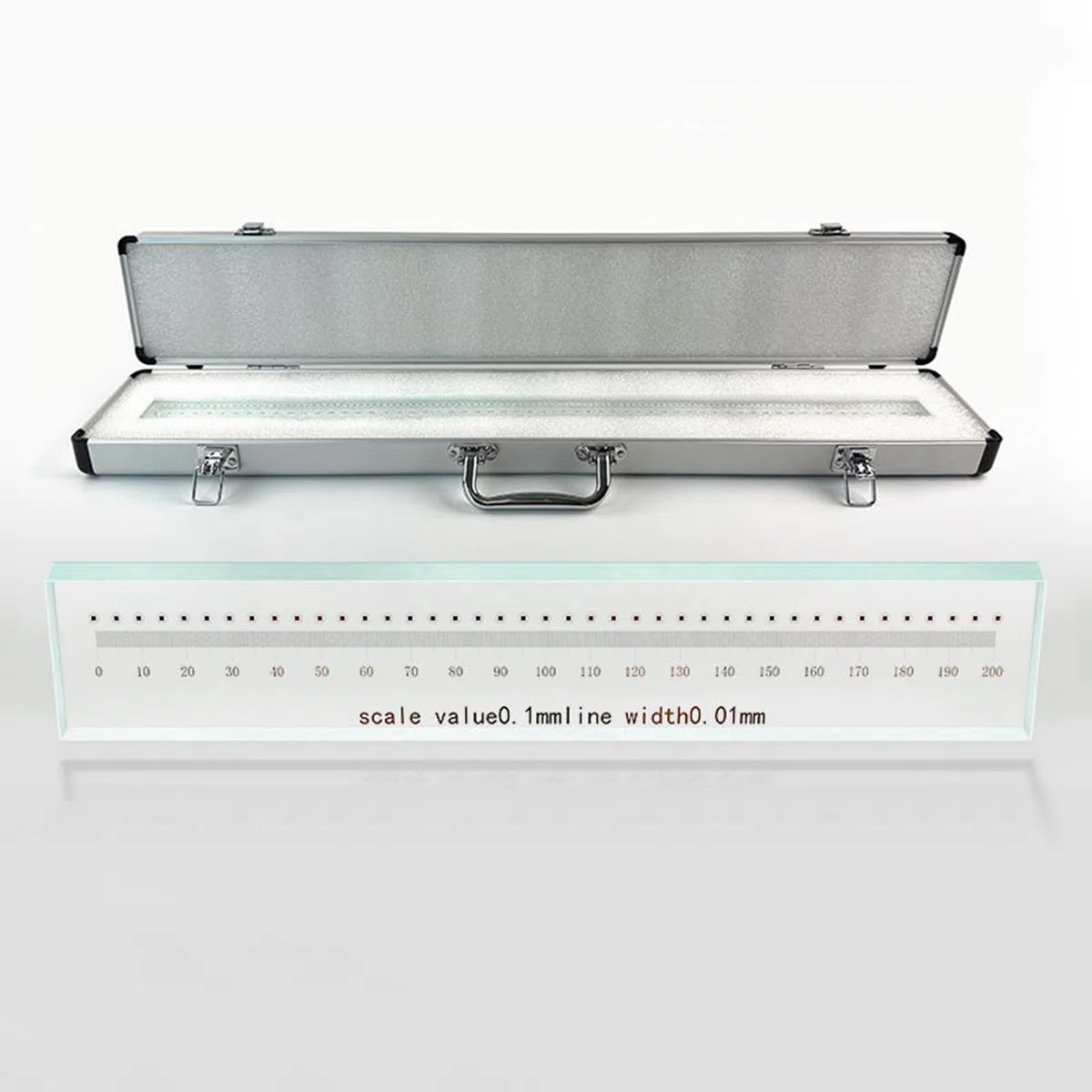 Linienlineal aus Glas, optisches Instrument für Direktschreib-Lithografie, Genauigkeit ± 0,5 um, Länge 100–600 mm, inklusive Aluminiumbox zum Messen der Länge