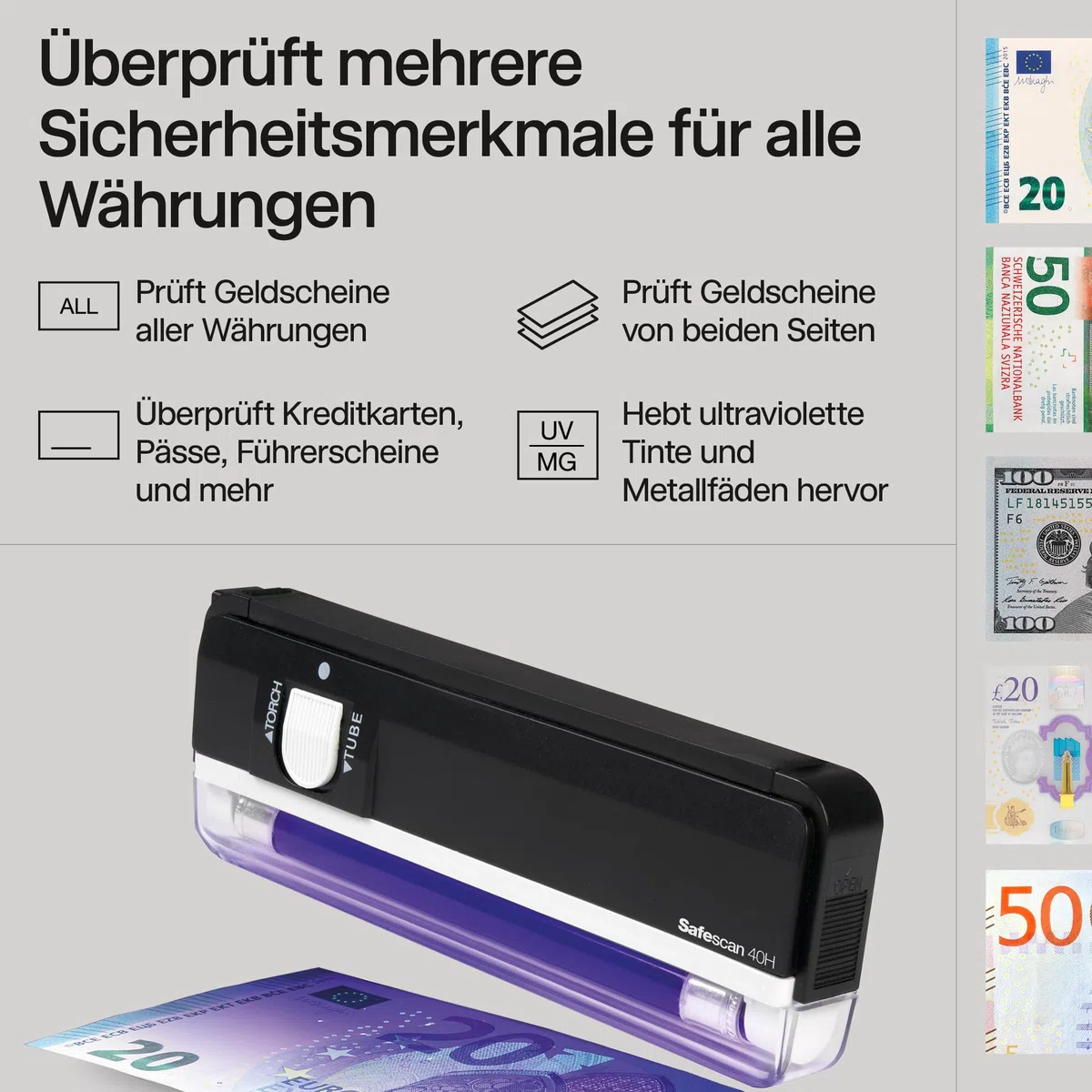 Safescan 40H tragbarer Geldscheinprüfer zu schnellen Prüfung von Banknoten, Kreditkarten und Ausweisen - Geldscheinprüfer mit UV-Licht - UV-Licht Geldscheinprüfer