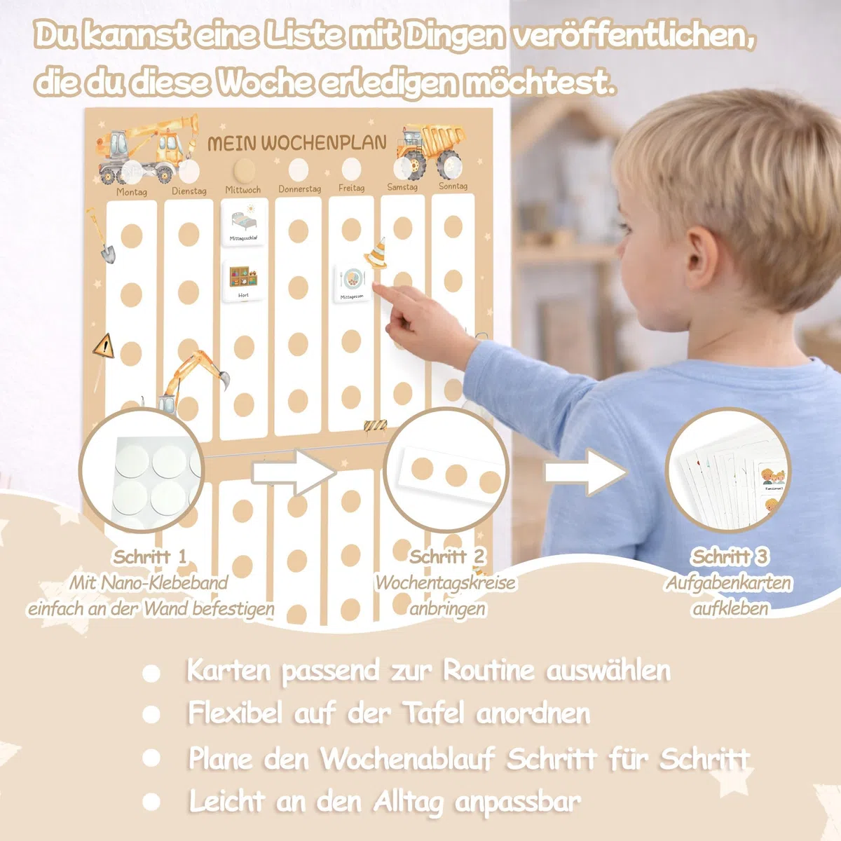 Wochenplan für Kinder mit 315 Routinekarten und Aufbewahrungsbeutel – visueller Tagesplan für Morgen- und Abendroutinen, kindgerecht und übersichtlich (Wochenplan, Bagger)
