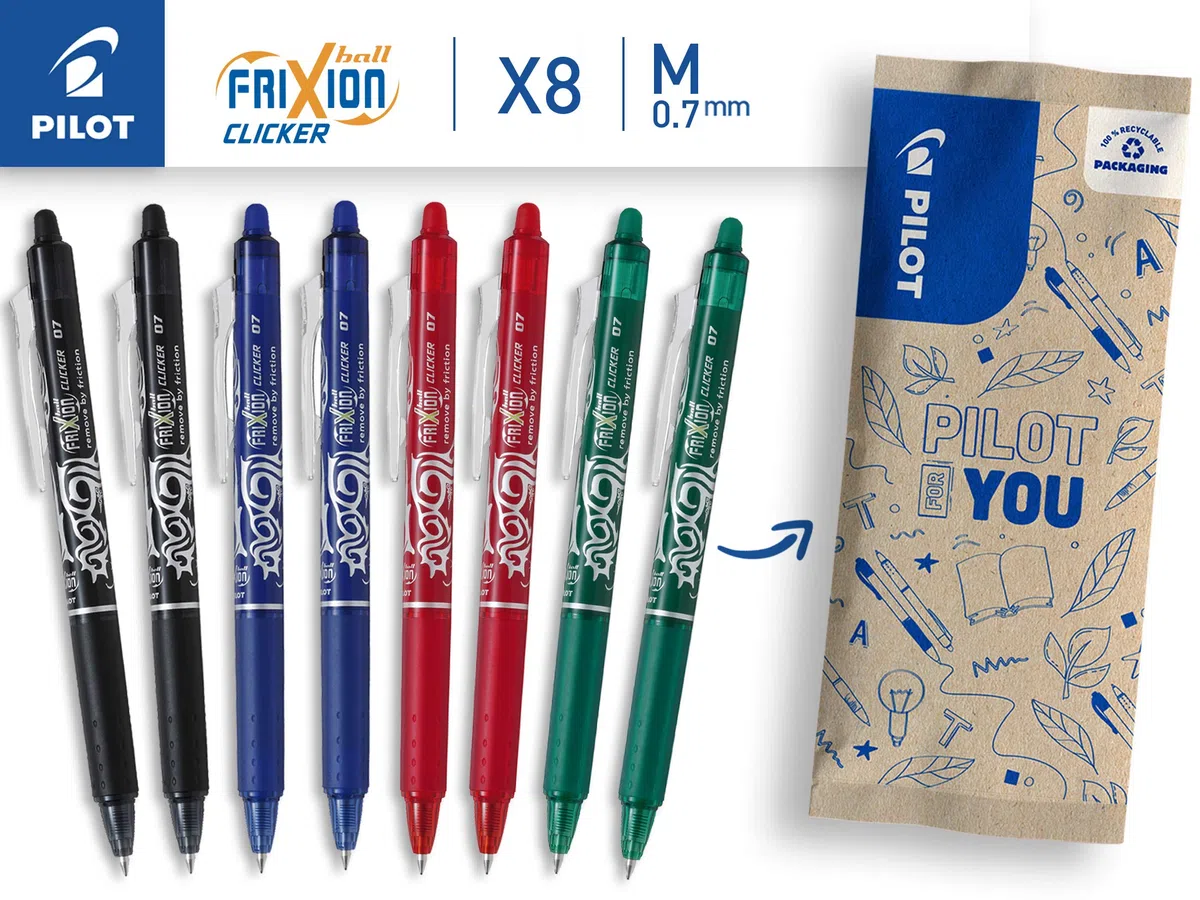 PILOT FriXion Clicker 0.7 – 8 Stück – Farben 2x Blau/Schwarz/Rot/Grün – Radierbarer, nachfüllbarer Gel-Tintenroller mit Druckmechanik und thermosensitiver Tinte, mittlere Spitze