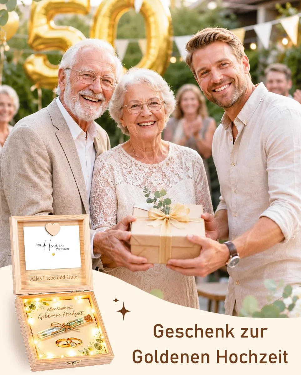 Goldene Hochzeit Geschenke, 50 Jahrestag Geschenk, Geldgeschenke Verpackung Goldene Hochzeit Geschenkbox Holz mit LED Lichterkette, Geschenke Eltern