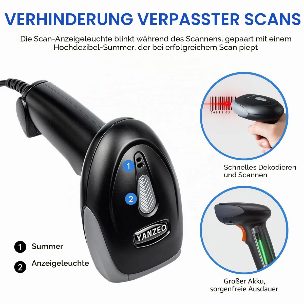 Yanzeo USB-Barcode-Scanner, CCD-Barcode-Scanner für Computer – Plug-and-Play, schnelles und genaues Scannen, für Bücher, Büro, Lager, Geschäft, 1D-Barcode-Lesegerät