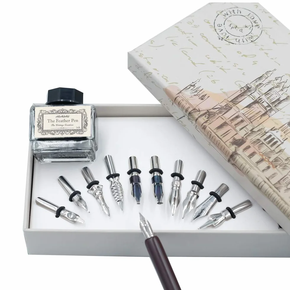 hhhouu Schönschreibfüller Holzstift Handgefertigtes Kalligraphie Set Anfänger mit Tinte und 11 Federn für Kunst, Schreiben, Unterschriften, Dekoration, Geschenk HO-Q-301