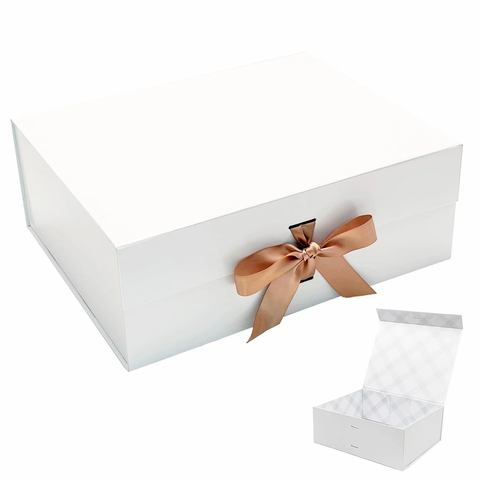 Tekhoho Scatola Regalo Bianco Grande 33.5x27x12.5 cm, Scatola Regalo Premium con Coperchio Magnetico e Nastro per Confezioni Regalo di Matrimonio e Compleanno, Fodera Plaid