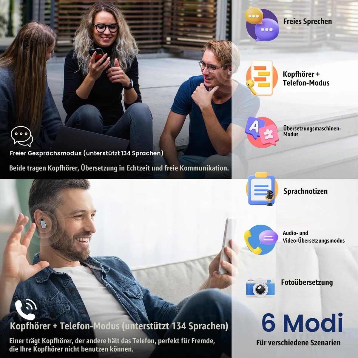 AI Kopfhörer Übersetzer, 3-in-1Echtzeit Sprachübersetzer Kopfhörer 164 Sprachen mit App, 6 Übersetzungsmodi, 40H Bluetooth 5.4 Übersetzer für Studium, Reisen, Schwarz