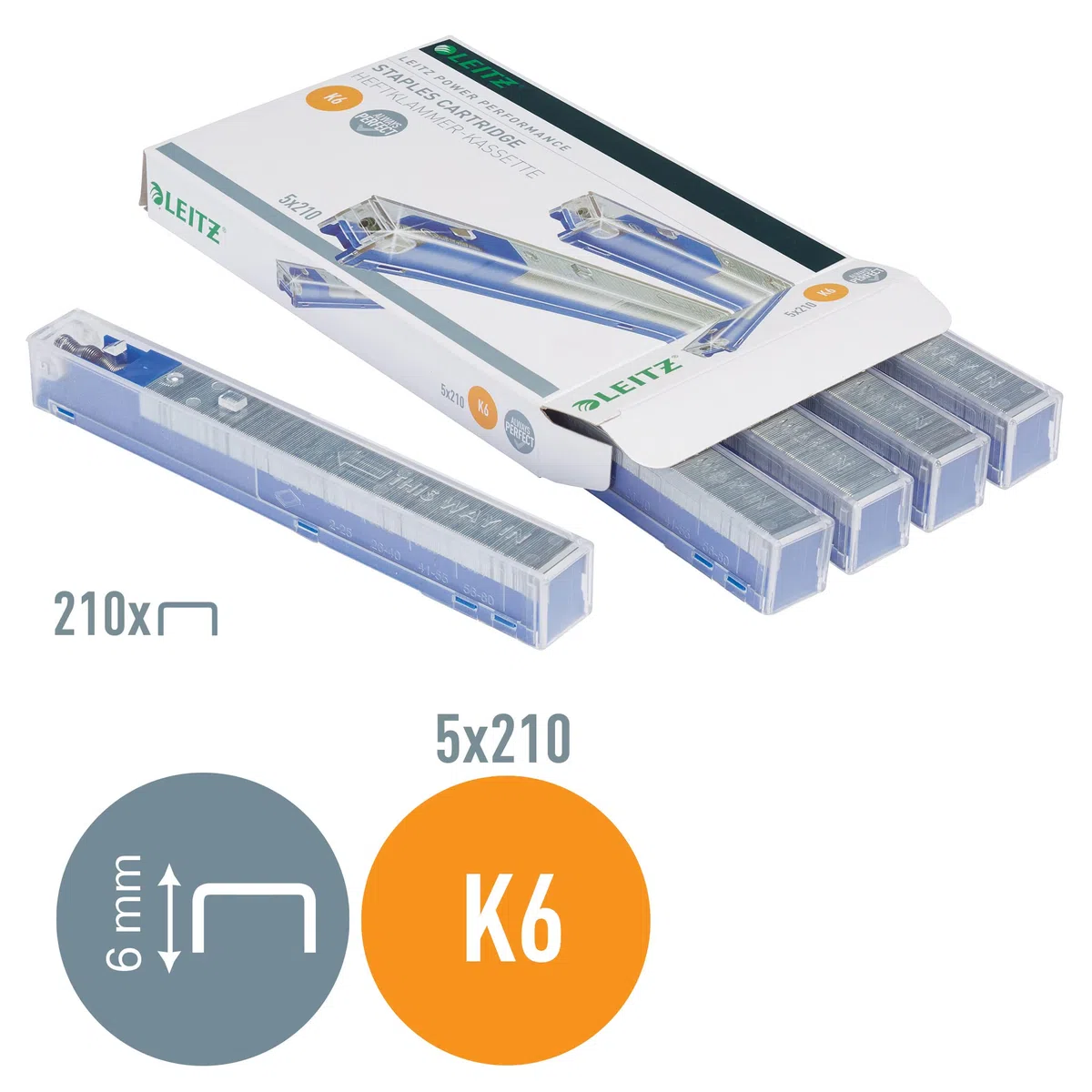 Leitz Power Performance Heavy-Duty Heftklammerkassetten K6, Verzinkt, Box mit 5 Kassetten, 5 x 210 Heftklammern, 55910000