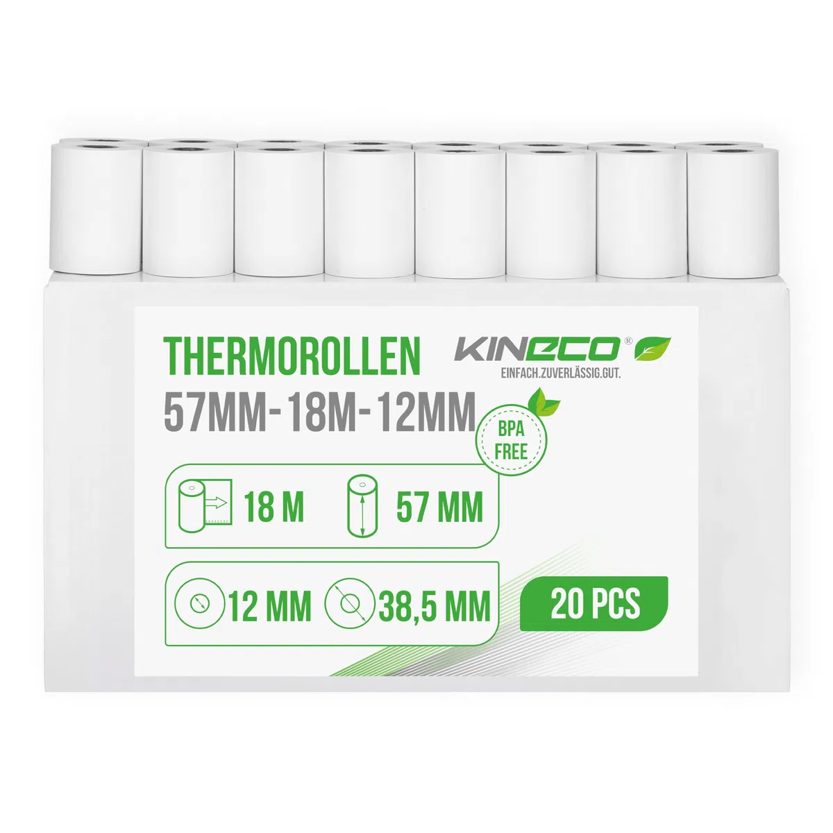 Kineco Ec-Cash Kassenrollen 57mm x 18m x 12mm - Thermorollen, Thermopapier, Bonrollen für Bankomat - Kredit-Kartenlesegeräte (57x38,5x12) 20 Rollen