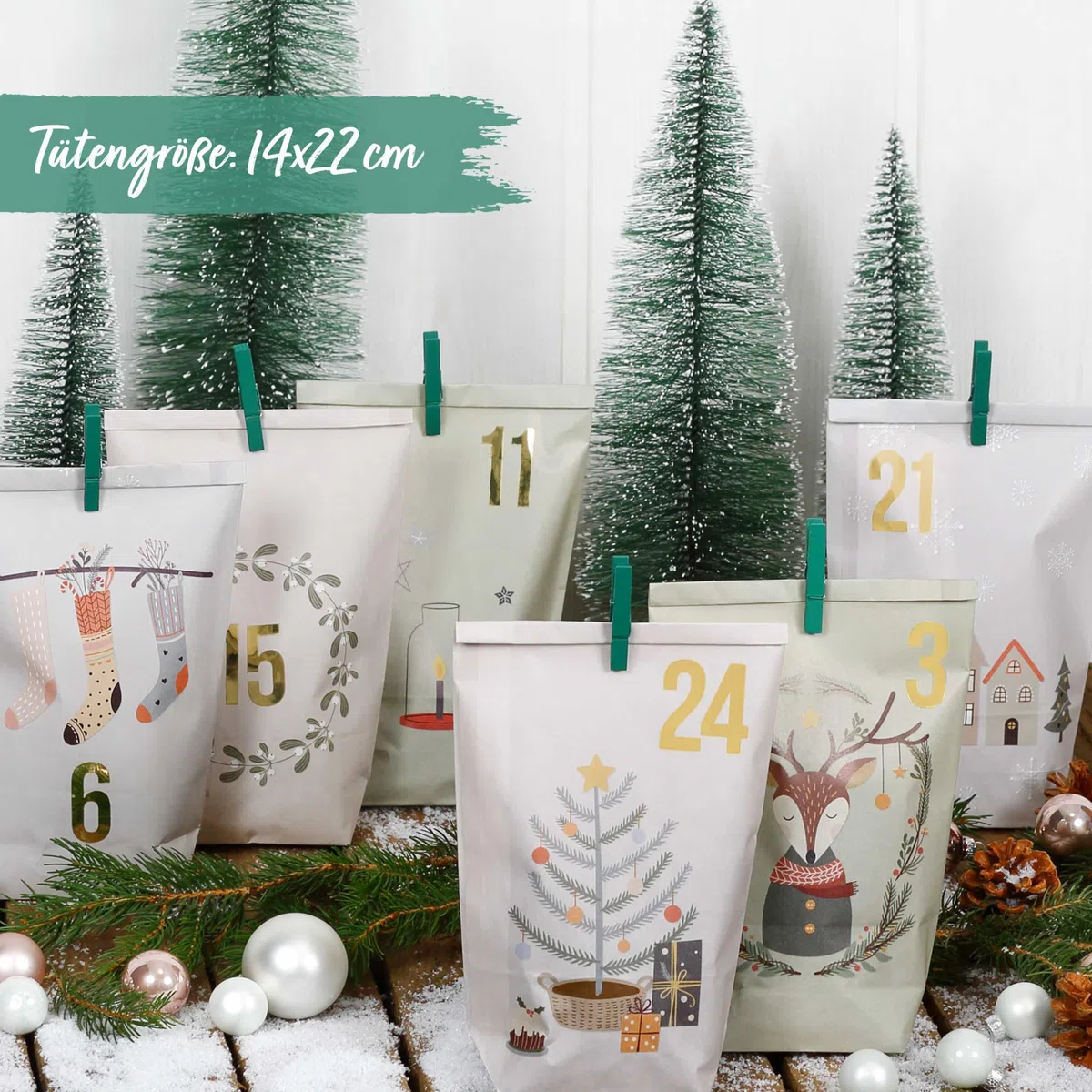 Papierdrachen Adventskalender 2025 zum Befüllen - 24 pastellfarbene Geschenktüten mit Zahlenaufklebern - Motiv Hygge - DIY - zum Basteln - Weihnachten