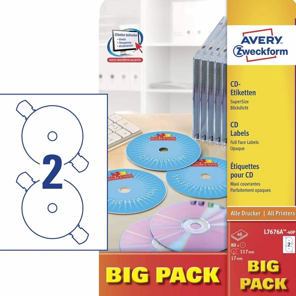 AVERY Zweckform L7676A-40P selbstklebende CD-Etiketten (80 blickdichte CD-Aufkleber, Ø 117mm auf A4, SuperSize, Papier matt, bedruckbare Klebeetiketten für alle A4-Drucker) 40 Blatt, weiß