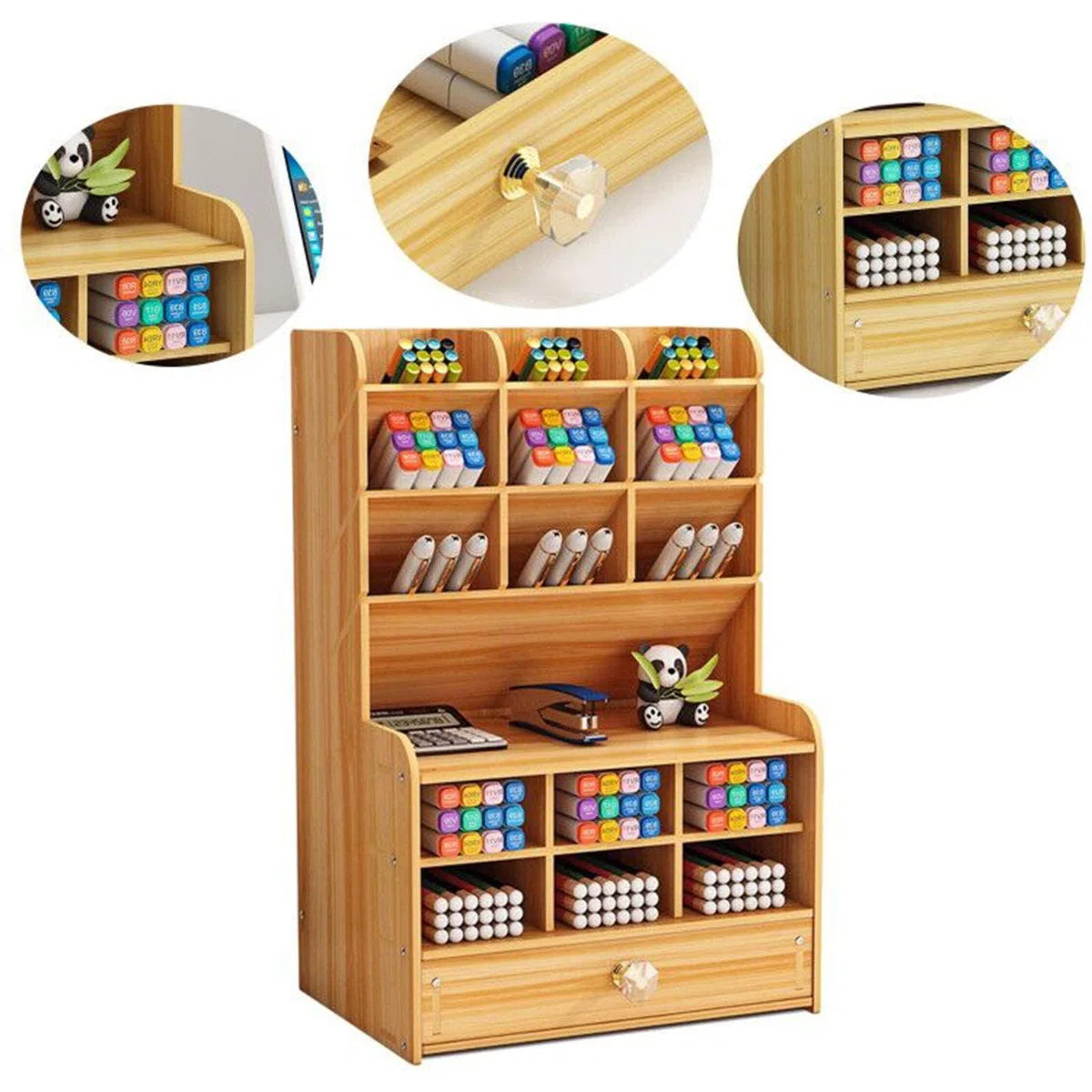 Mnkyer Hölzerner Schreibtischorganisator Multifunktionale Desktop Schreibwaren Stifthalterbox für das Home Office School Supply-Lagerregal mit Schublade (Kirsche-b16)