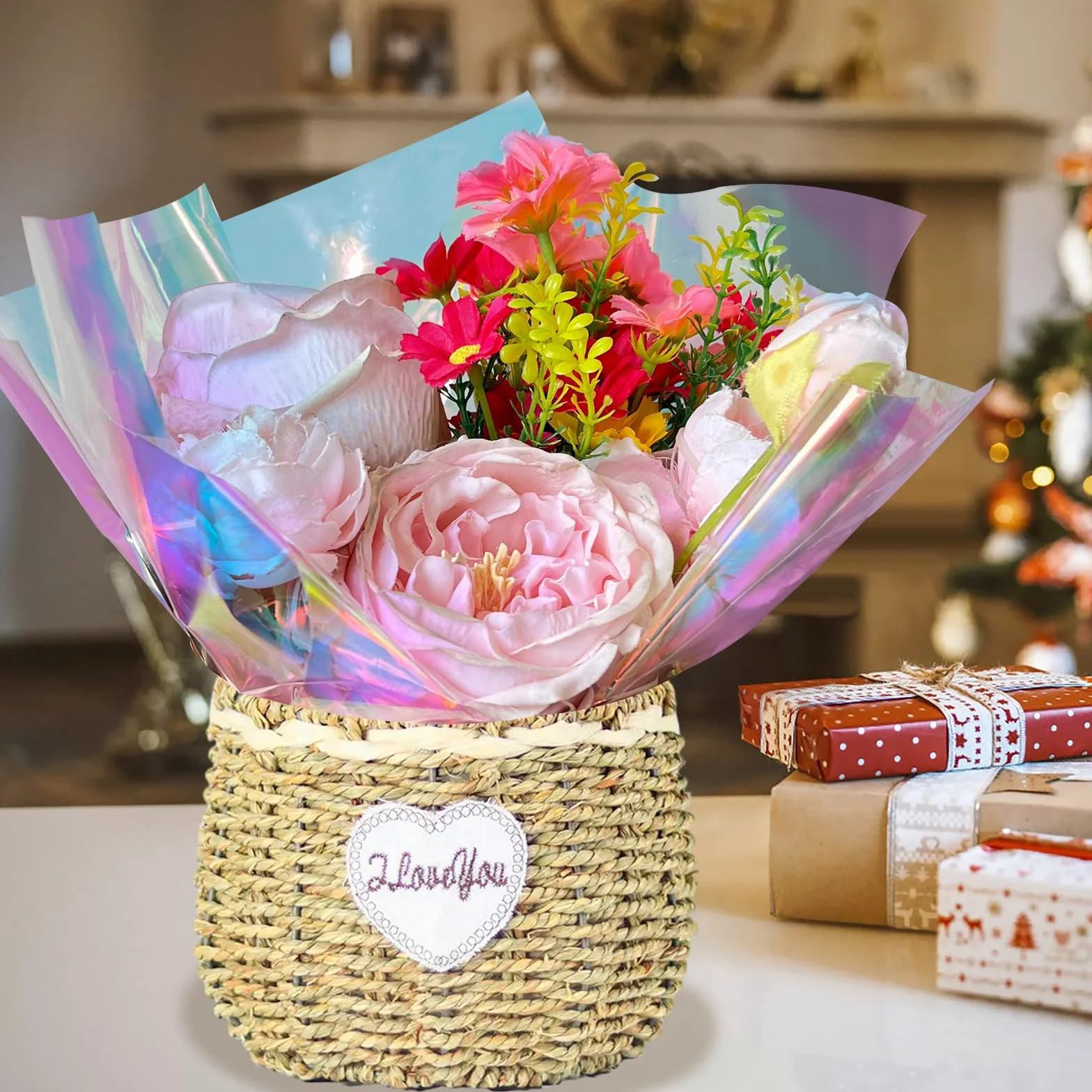 86CM x 15M Cellophanfolie Rolle, Irisierende Cellophan Transparent Geschenkfolie Regenbogen Zellophan Schillernd Verpackungsfolie Rolle Für Hochzeit, Blume, Geschenk Baskt, Leckereien, Weihnachten