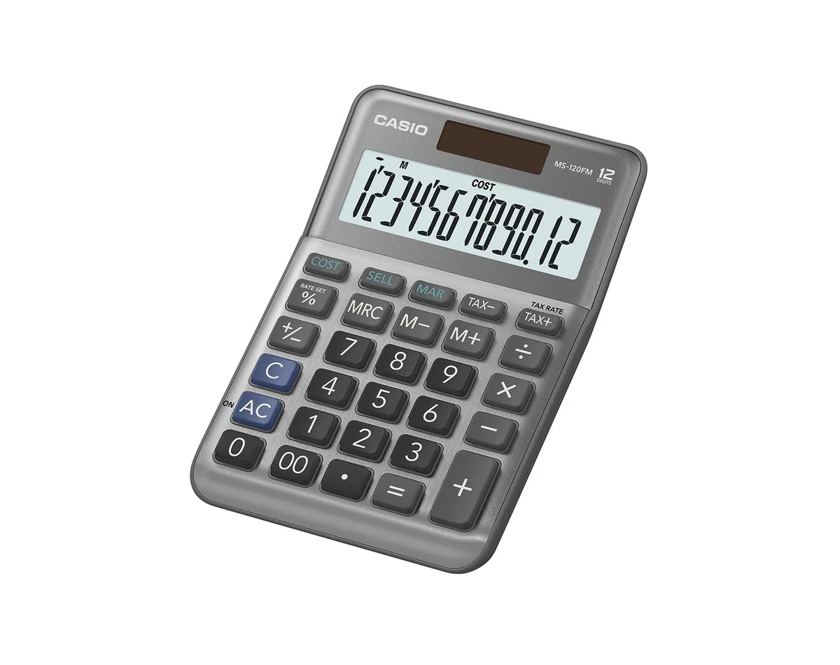 Casio Tischrechner MS-120FM, 12-stellig, Steuerberechnung, Cost/Sell/Margin, Aluminiumfront, Vorzeichenwechsel, Solar/Batteriebetrieb