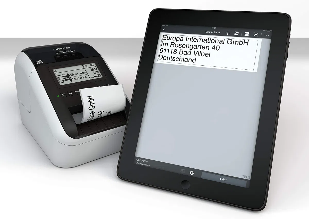 Brother QL-820NWB Netzwerk-Etikettendrucker (mit Rot-Schwarz-Druckfunktion, Schnittstellen: USB, WLAN, LAN, Bluetooth; beleuchtetes Grafik-LCD), grau