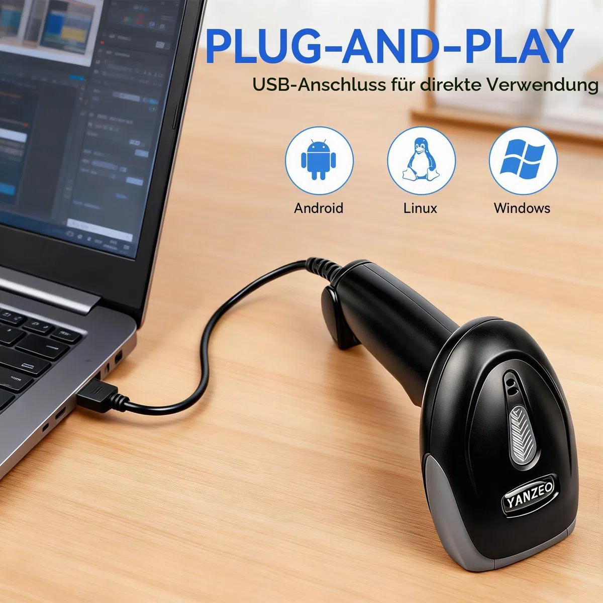 Yanzeo USB-Barcode-Scanner, CCD-Barcode-Scanner für Computer – Plug-and-Play, schnelles und genaues Scannen, für Bücher, Büro, Lager, Geschäft, 1D-Barcode-Lesegerät