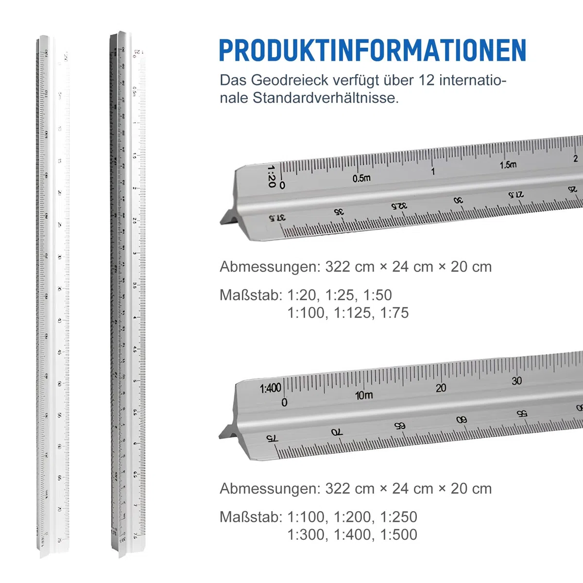TONAUP 2 Stück Maßstab Lineal, Aluminium Dreikantmaßstab Dreikant für Architekten, Ingenieure, Architekturstudium- 1:20, 1:25, 1:50, 1:75, 1:100, 1:125/1:100, 1:200, 1:250, 1:300, 1:400, 1:500