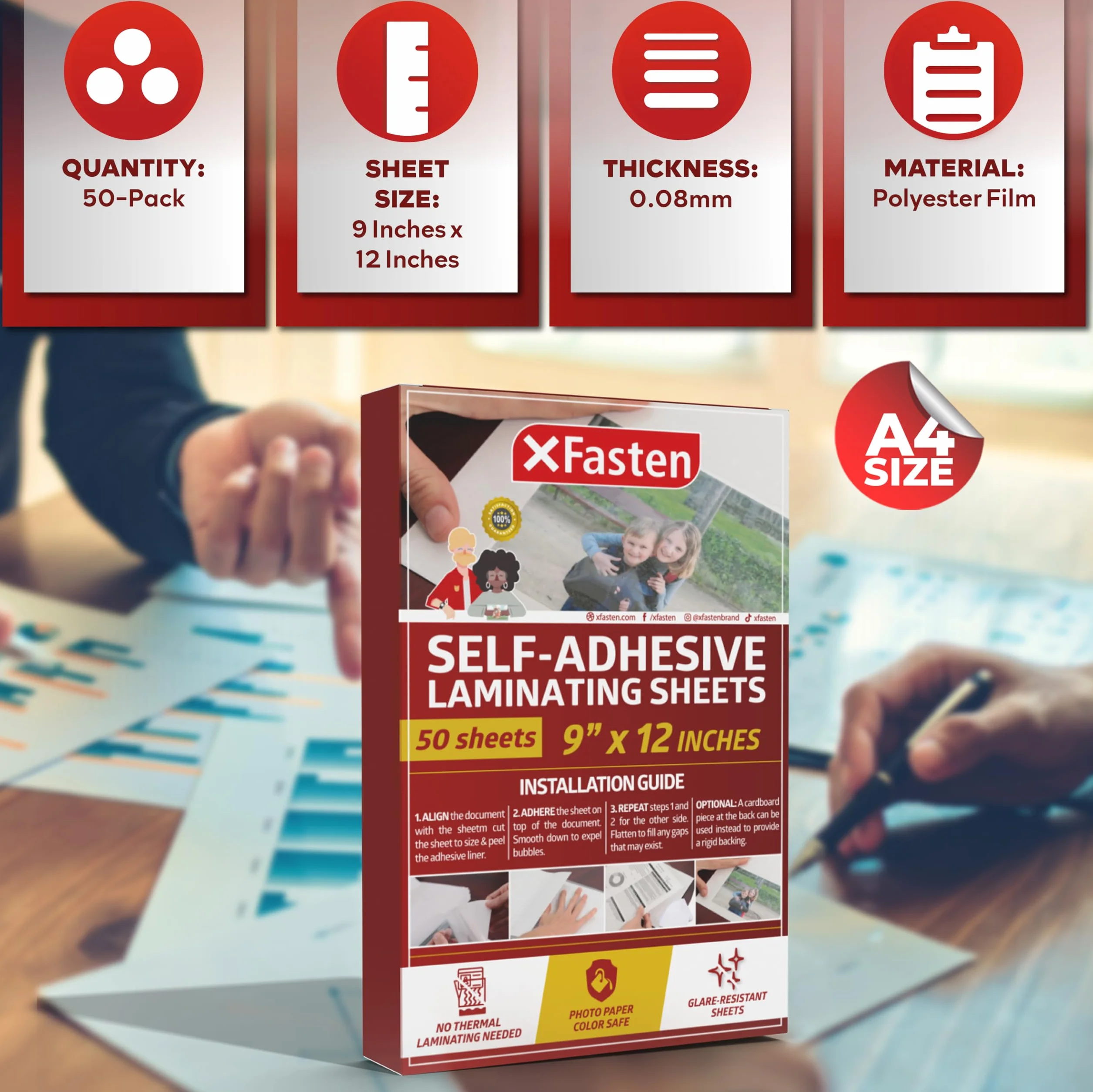 XFasten Selbstklebende Laminierfolien, 9 x 12 Zoll (50er-Pack), Dicke 4,76