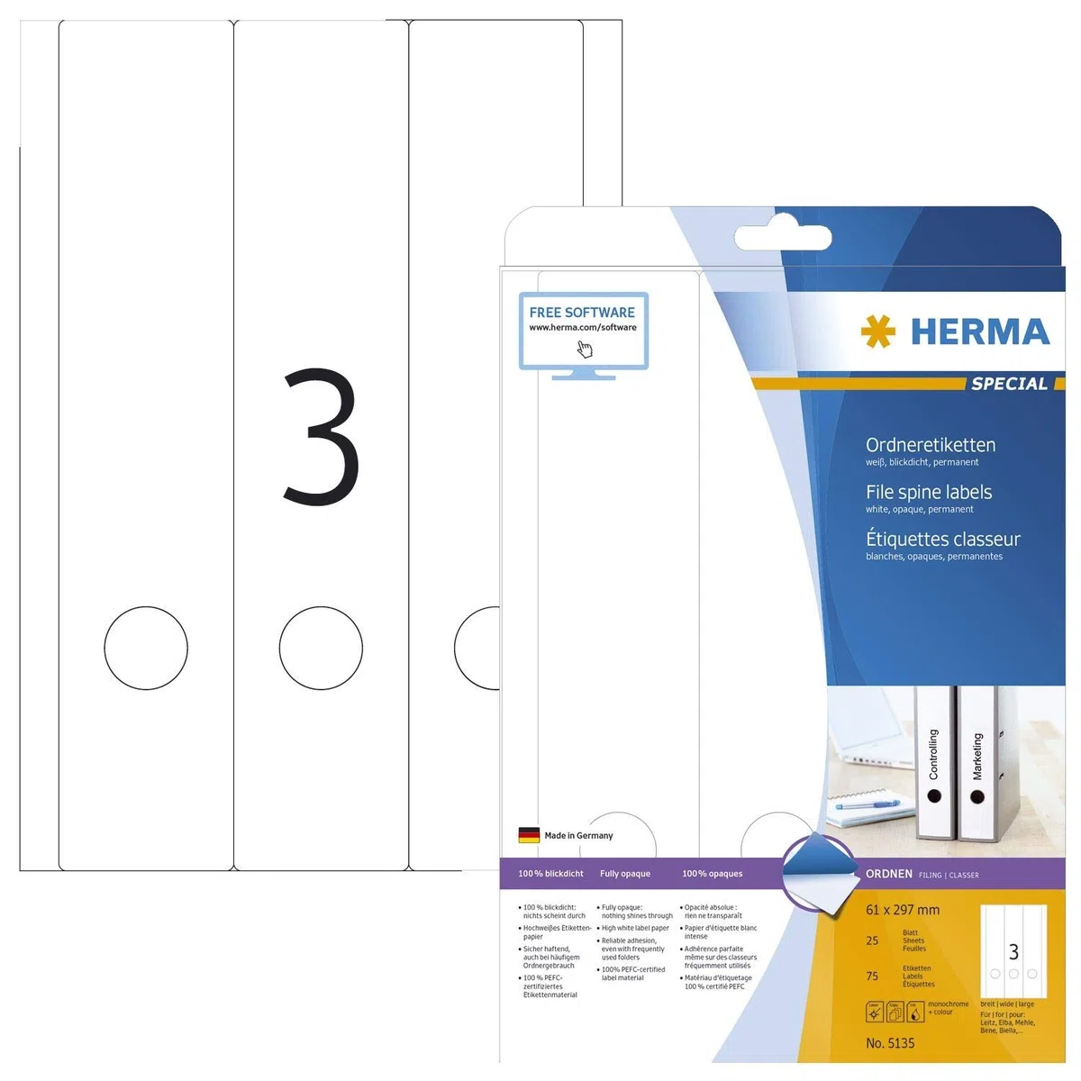 HERMA Rückenschild, selbstklebend, breit/lang, 61 x 297 mm, weiß (75 Stück), Sie erhalten 1 Packung á 75 Stück