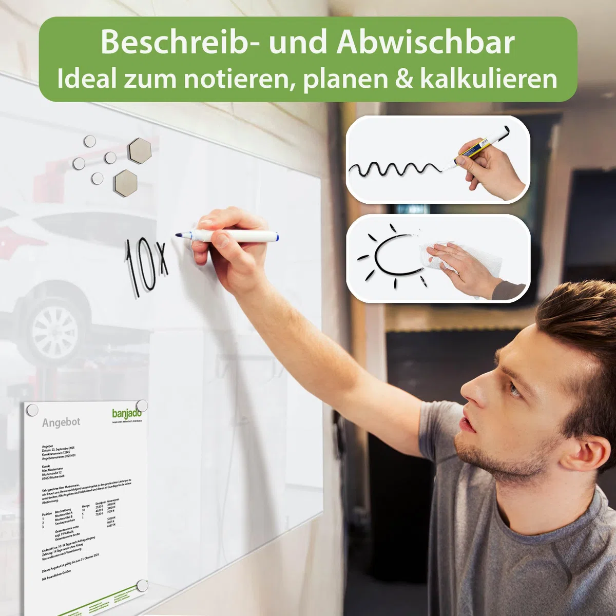 banjado Glas Magnettafel (120 x 80cm) - Magnetwand Glas - Magnetpinnwand als Memoboard - Pinnwand Magnettafel Küche, Büro, Kinderzimmer - weiß