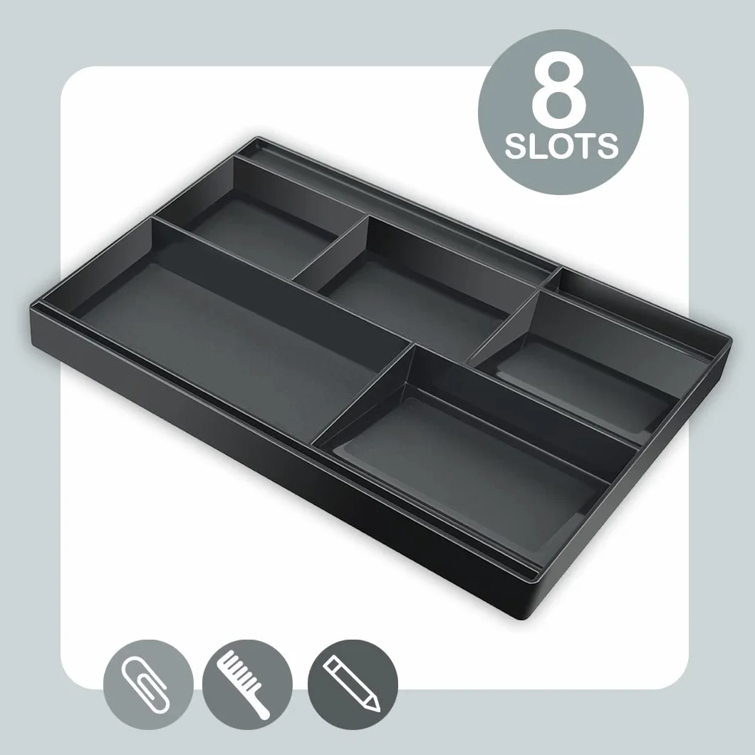Acrimet Schubladen-Organizer mit 8 Fächern – Vielzweckbox für Bürobedarf, Make-up und Zubehör – Passend für Schubladen oder Tischoberflächen, 32,4 x 20,3 x 2,7 cm (Kunststoff) (Schwarz) | 30,5 cm langes Lineal, spezielle Trennwand für Stifte, Bleistifte,