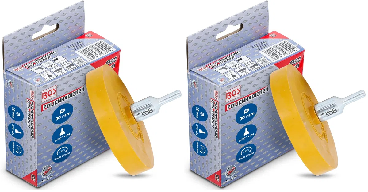 BGS 3999 | Folienradierer | Ø 90 mm | inkl. Adapter | für Bohrmaschinen, Akku-Schrauber, Geradschleifer (Packung mit 2)