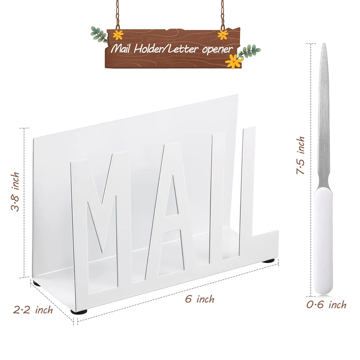 Jetec Mail Halter Metall Brief Sortierer Tabletop Mail Ausgeschnitten Organizer Mail Brief Dokumenten Ständer mit Brief Öffner für Desktop Haus Büro Schule (Weiß Reguläres Skript)