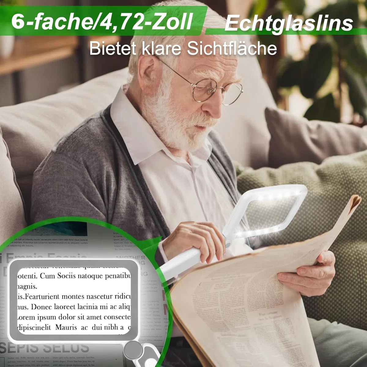 Wiederaufladbares 6-faches Vergrößerungsglas zum Lesen - Handliches Seitenvergrößerungsglas mit Licht für Sehbehinderte Senioren - Leichtgewichtige LED-Lupe zum Lesen/Zeitungen/Kleingedrucktem