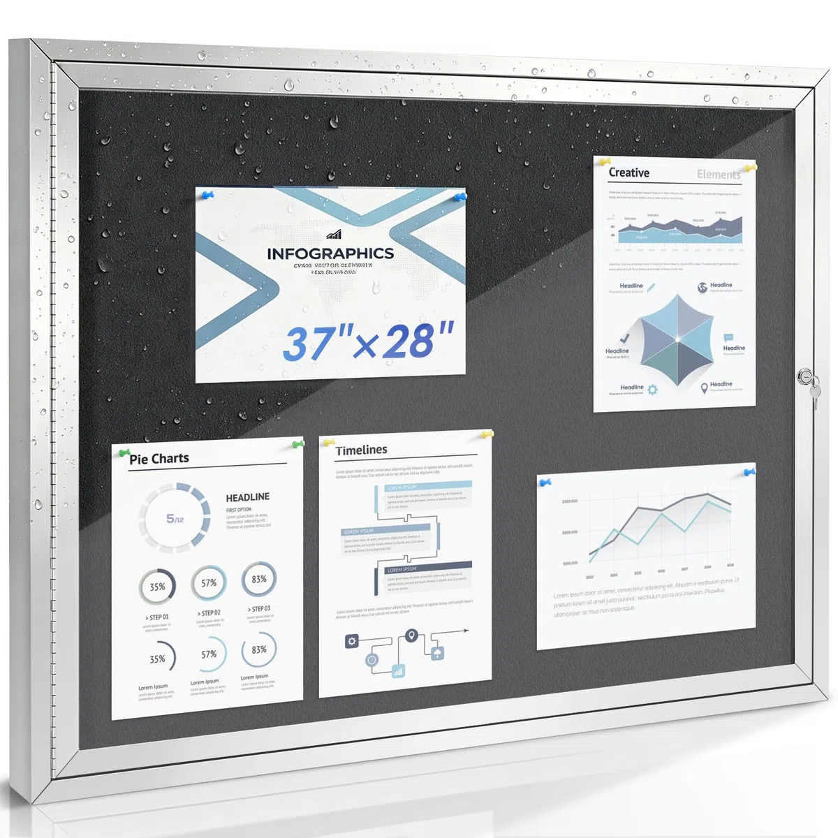 SWANCROWN Geschlossene Pinnwand, wetterfest, 94 x 71,1 cm, abschließbare Pinnwand, Wandvitrine für Büro, Schule, Gewerbe, schwarzer Filz, silberfarbener Aluminiumrahmen (8 x A4)
