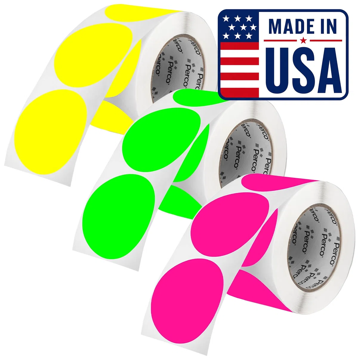 Perco 7,6 cm runde runde Punkte-Aufkleber-Etiketten mit permanentem Klebstoff, Multi-Rollen-Packung, 500 Etiketten/Rolle, enthält je 1 Rolle in fluoreszierenden Farben (grün, gelb, rosa), starke