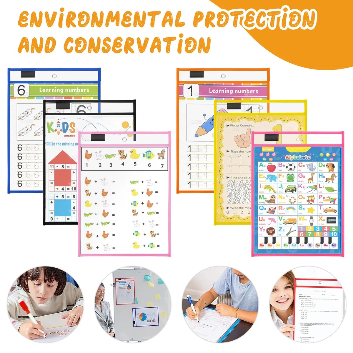 Dry Erase Taschen Set Enthalten 10 Stück Wiederverwendbare Trocken Abwischbare Durchsichtige Tasche, 10 Löschbare Stifte, 6 Radiergummi und 4 Metallösen für Büro und Schule