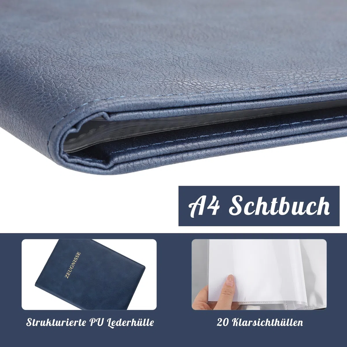 Thboxes Zeugnismappe A4 mit 20 Klarsichthüllen, Einband PU Leder Dokumentenmappe Zeugnismappe Jungen Mädchen Erwachsene Zeugnis Geschenk Sichtbuch für Zertifikate Urkunden Zeugnisse (Dunkelblau)