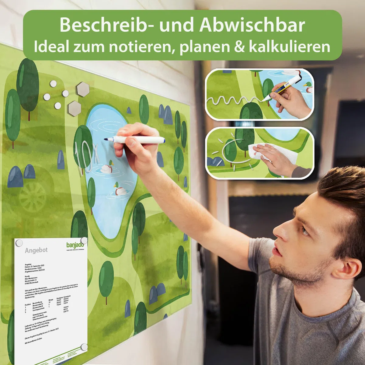 banjado Glas-Magnettafel in 120x80cm, beschreibbar mit Tiermotiv