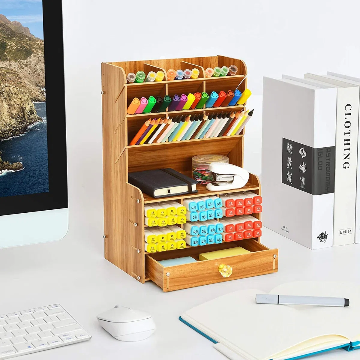 Mnkyer Hölzerner Schreibtischorganisator Multifunktionale Desktop Schreibwaren Stifthalterbox für das Home Office School Supply-Lagerregal mit Schublade (Kirsche-b16)