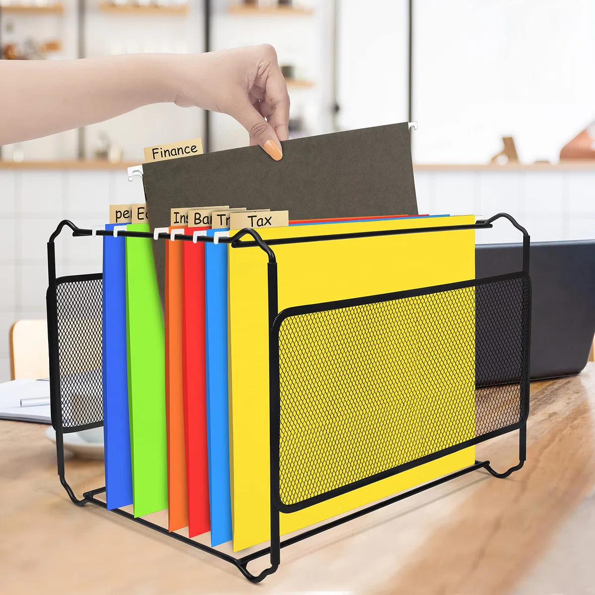 BELLE VOUS Schreibtisch Organizer Schwarz aus Metall (33,5 x 25,5 x 28 cm) A4 Hänge Stehsammler Metall Für ca.30 Dokumente, Ordner Organizer, Brieftasche, Papier Organizer, Unterlagen Aufbewahrung