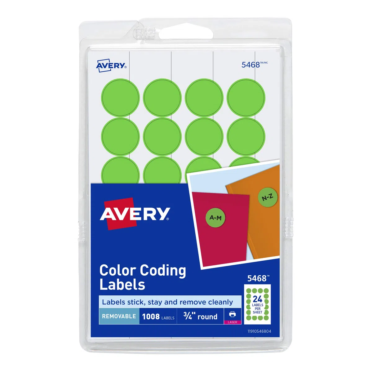 Avery Print/Write selbstklebende, ablösbare Etiketten, 1,9 cm Durchmesser, Grün Neon, 18 Packungen (5468), Green Neon