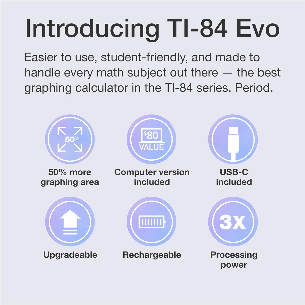 TI-84 Evo Grafikrechner Texas Instruments, Lavender - USB-C Laden, Python-Programmierung, schnellere Leistung und größere Grafiken als TI-84 Plus CE